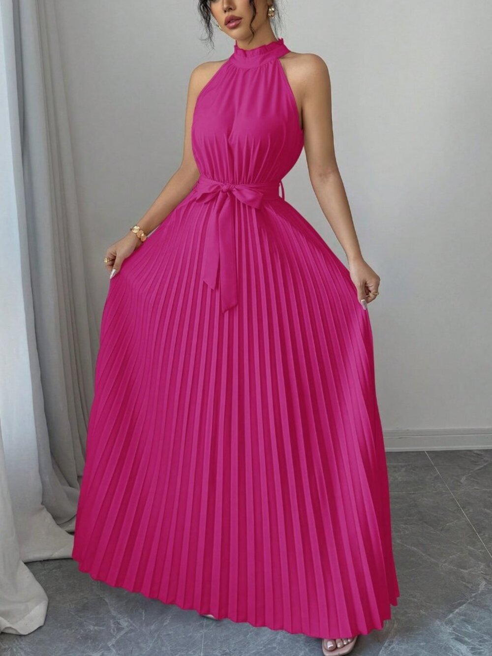 Pink Women's Elegant Romantic Pleated A-Line Dress - Picture 5 of 5